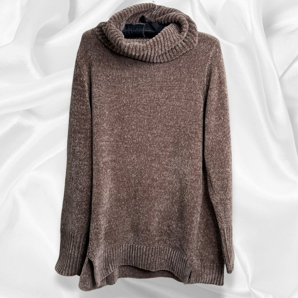 H by Halston Chenille Cowl Neck Sweater, Brown/Taupe, Super Soft – NWOT Size M